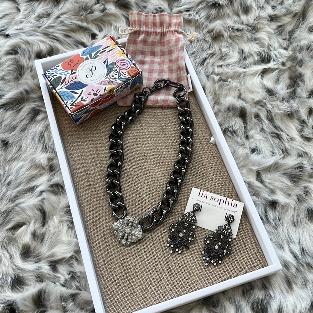 Lia Sophia, black metal necklace and earrings with gemstones